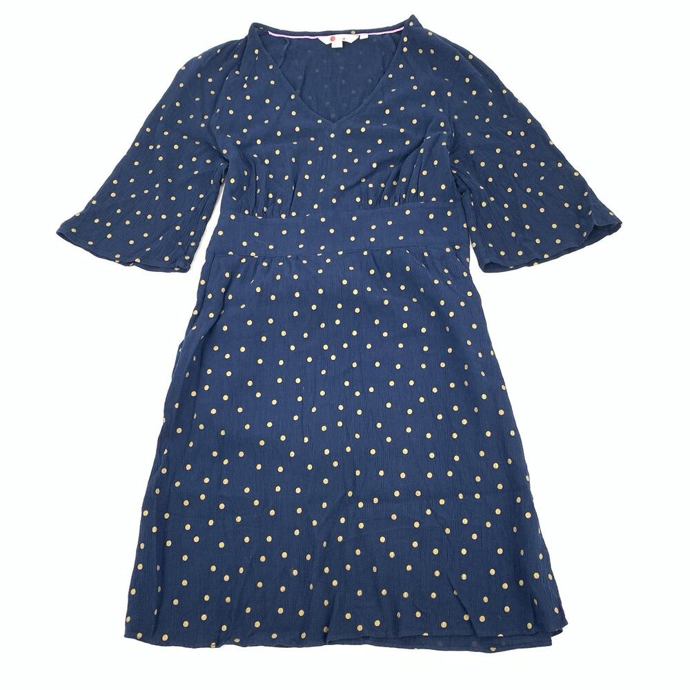 Boden Polka Dot Print Crepe 3/4 Sleeve A-Line Dress Size 4 Womens Navy Blue Gold
